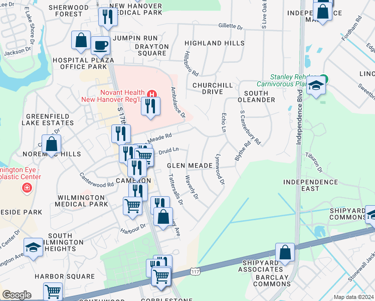 map of restaurants, bars, coffee shops, grocery stores, and more near 4118 Druid Lane in Wilmington