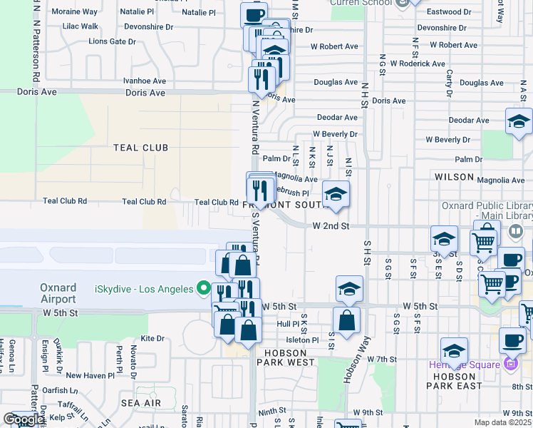 map of restaurants, bars, coffee shops, grocery stores, and more near 50 South Ventura Road in Oxnard