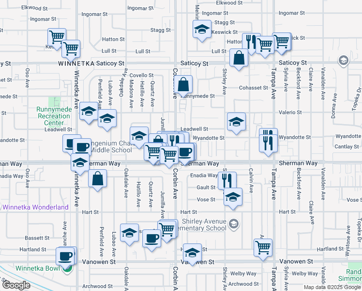 map of restaurants, bars, coffee shops, grocery stores, and more near 7308 Corbin Avenue in Los Angeles
