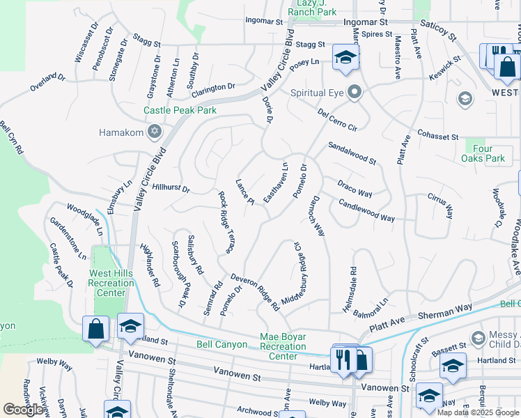 map of restaurants, bars, coffee shops, grocery stores, and more near 24030 Lance Place in Los Angeles