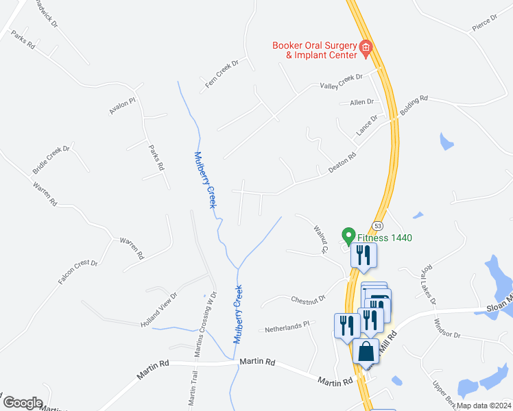 map of restaurants, bars, coffee shops, grocery stores, and more near 3912 Wakefield Drive in Flowery Branch