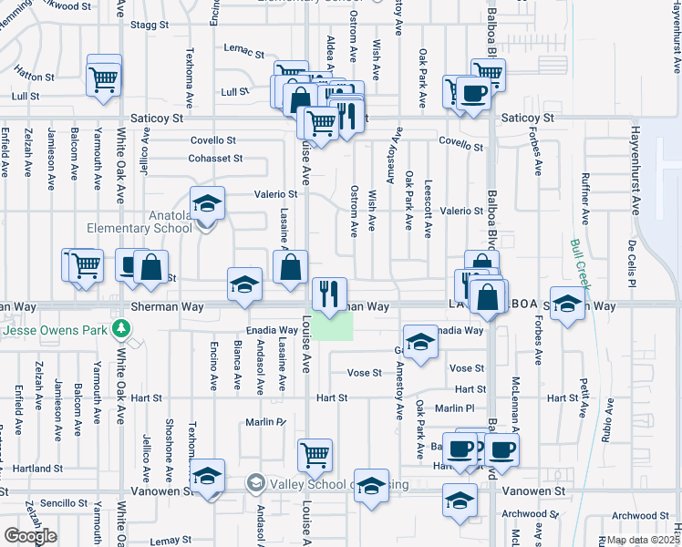 map of restaurants, bars, coffee shops, grocery stores, and more near 17223 Cantlay Street in Los Angeles