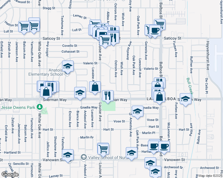 map of restaurants, bars, coffee shops, grocery stores, and more near 17223 Cantlay Street in Los Angeles