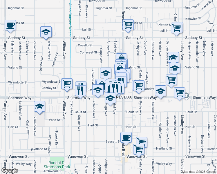 map of restaurants, bars, coffee shops, grocery stores, and more near 7236 Amigo Avenue in Los Angeles