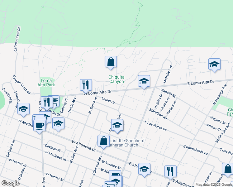 map of restaurants, bars, coffee shops, grocery stores, and more near 248 West Loma Alta Drive in Altadena