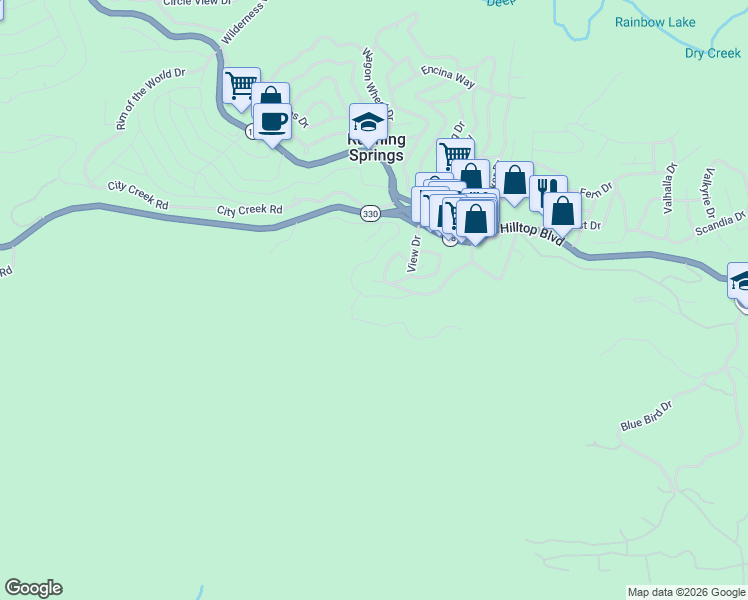 map of restaurants, bars, coffee shops, grocery stores, and more near 2813 View Drive in Running Springs