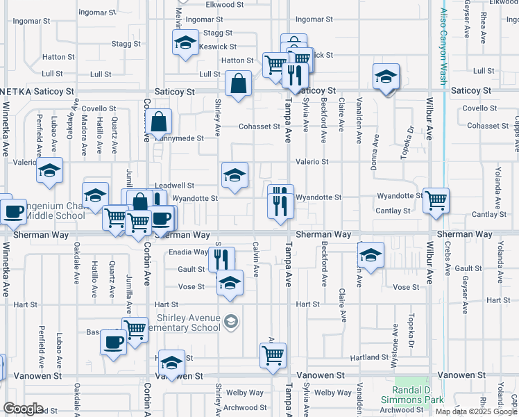 map of restaurants, bars, coffee shops, grocery stores, and more near 19344 Wyandotte Street in Los Angeles