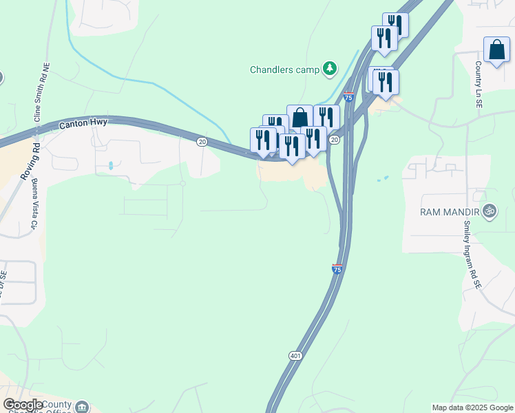map of restaurants, bars, coffee shops, grocery stores, and more near 100 Argento Drive in Cartersville
