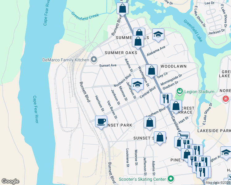 map of restaurants, bars, coffee shops, grocery stores, and more near 2021 Jackson Street in Wilmington