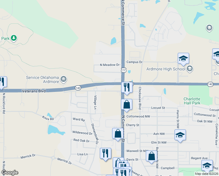 map of restaurants, bars, coffee shops, grocery stores, and more near Ardmore Regional Park Trail in Ardmore
