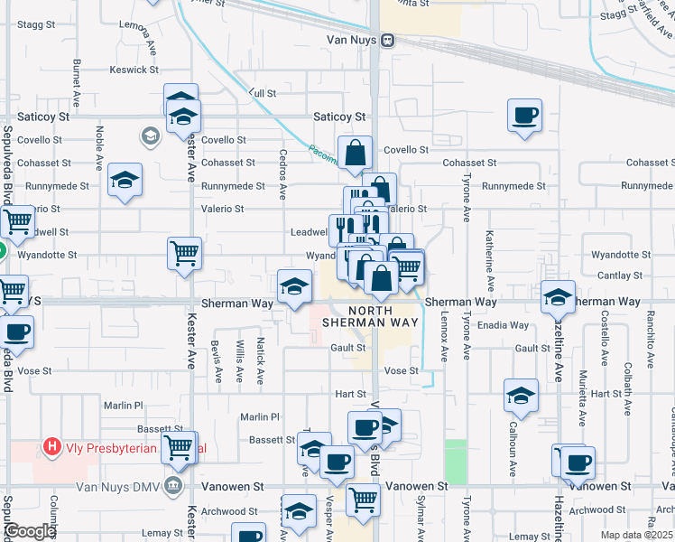 map of restaurants, bars, coffee shops, grocery stores, and more near 14345 1/2 Wyandotte Street in Los Angeles