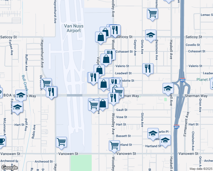 map of restaurants, bars, coffee shops, grocery stores, and more near 16138 Wyandotte Street in Los Angeles