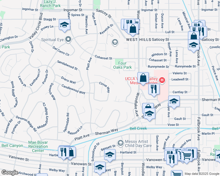 map of restaurants, bars, coffee shops, grocery stores, and more near 7272 Cirrus Way in Los Angeles