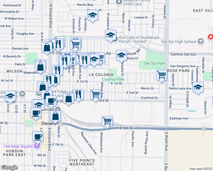 map of restaurants, bars, coffee shops, grocery stores, and more near 123 South Juanita Avenue in Oxnard
