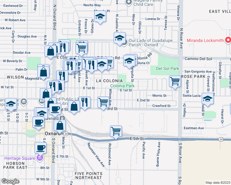 map of restaurants, bars, coffee shops, grocery stores, and more near 111 North Juanita Avenue in Oxnard