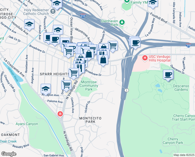 map of restaurants, bars, coffee shops, grocery stores, and more near 2101 Broadview Drive in Glendale