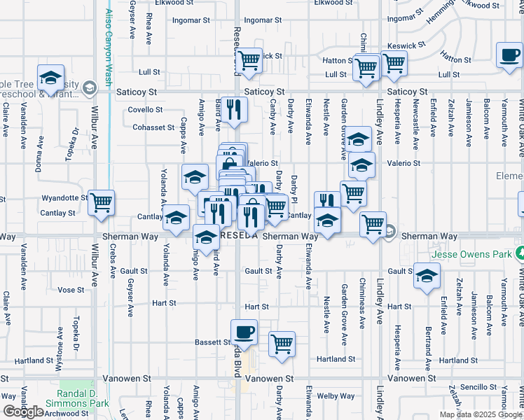 map of restaurants, bars, coffee shops, grocery stores, and more near 7300 Canby Avenue in Los Angeles