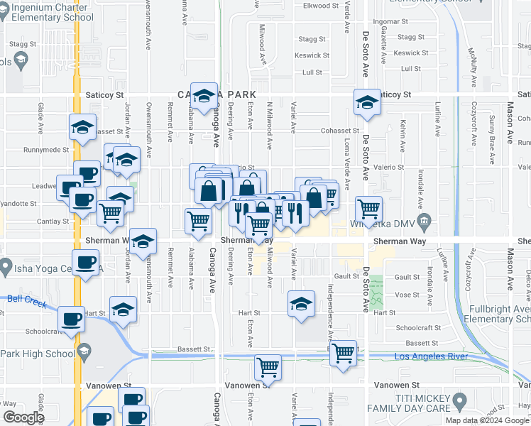 map of restaurants, bars, coffee shops, grocery stores, and more near 7305 Milwood Avenue in Los Angeles