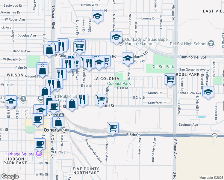 map of restaurants, bars, coffee shops, grocery stores, and more near 111 North Juanita Avenue in Oxnard