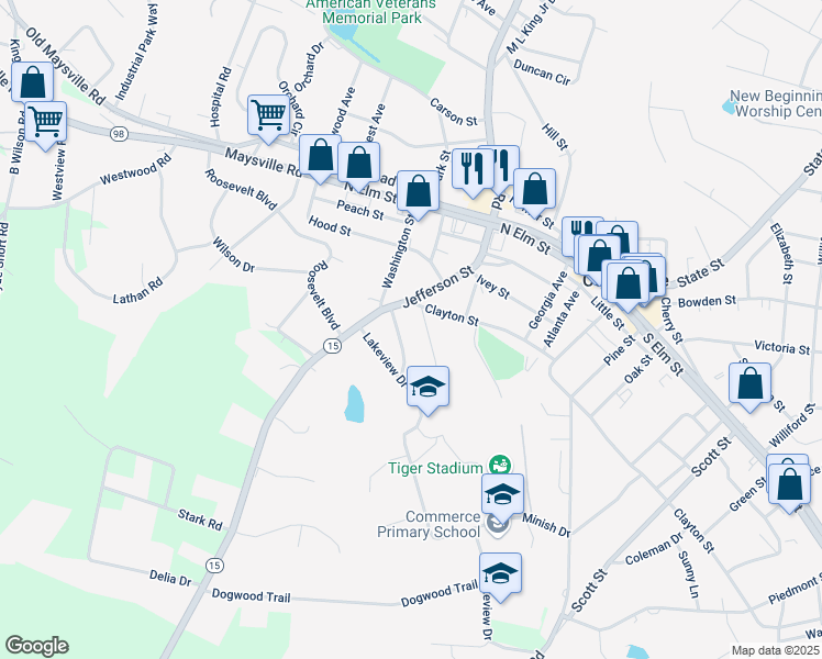 map of restaurants, bars, coffee shops, grocery stores, and more near 8934 Jefferson Street in Commerce
