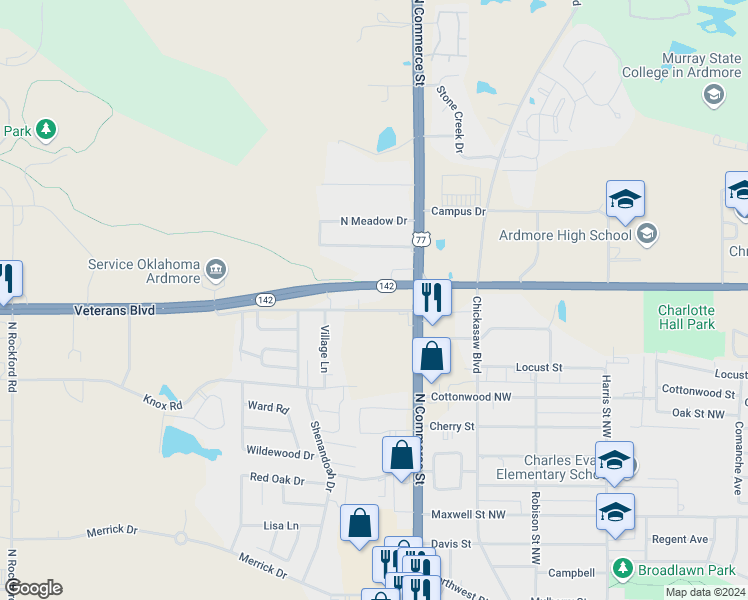 map of restaurants, bars, coffee shops, grocery stores, and more near 1111 Prairie Valley Road in Ardmore