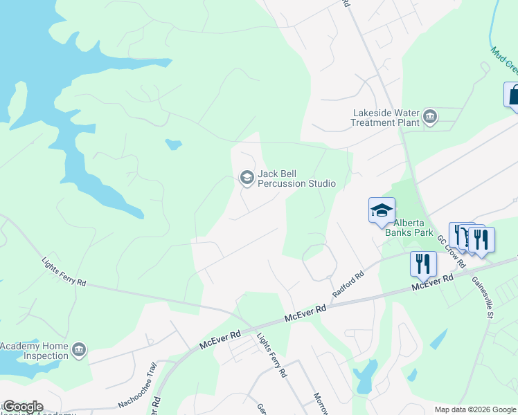 map of restaurants, bars, coffee shops, grocery stores, and more near 6607 Blue Cove Drive in Flowery Branch