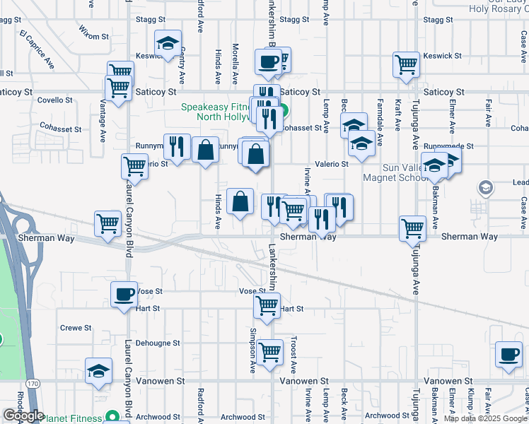 map of restaurants, bars, coffee shops, grocery stores, and more near 7249 Lankershim Boulevard in Los Angeles
