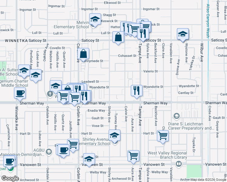 map of restaurants, bars, coffee shops, grocery stores, and more near 19446 Wyandotte Street in Los Angeles