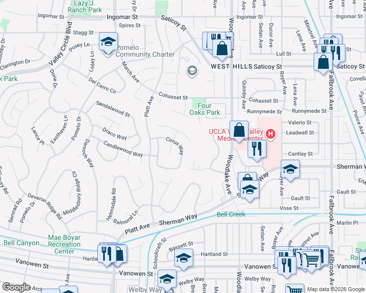 map of restaurants, bars, coffee shops, grocery stores, and more near 23318 Sandalwood Street in Los Angeles