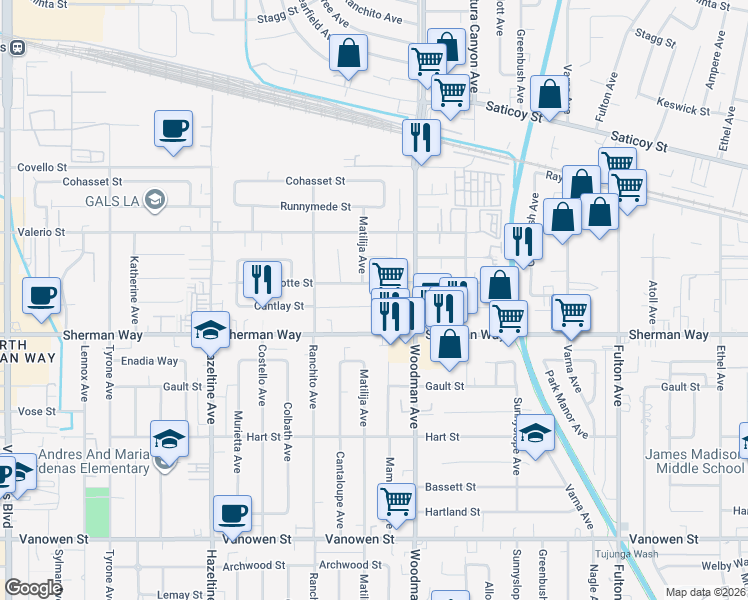 map of restaurants, bars, coffee shops, grocery stores, and more near 13751 Cantlay Street in Los Angeles