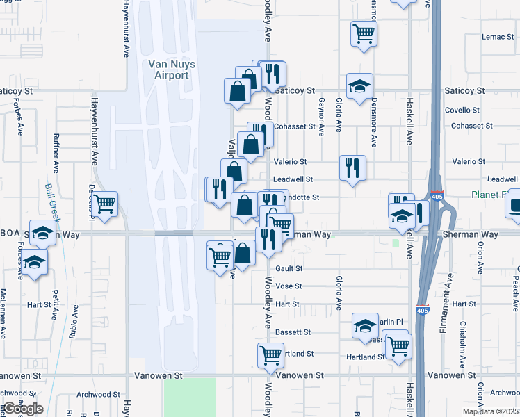map of restaurants, bars, coffee shops, grocery stores, and more near 7304 Woodley Avenue in Los Angeles