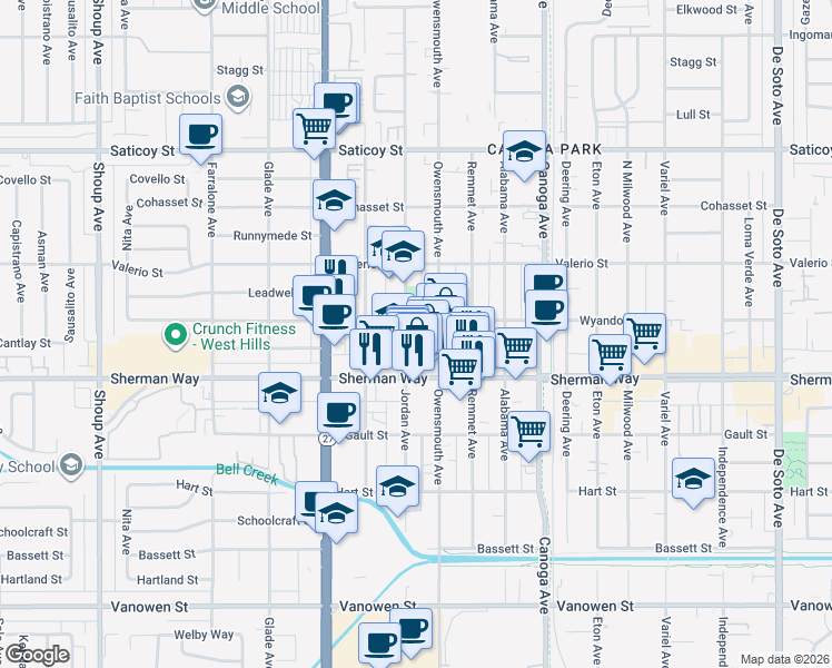 map of restaurants, bars, coffee shops, grocery stores, and more near 7248 Jordan Avenue in Los Angeles