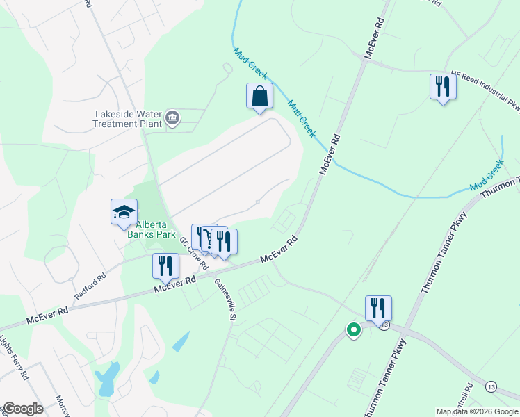 map of restaurants, bars, coffee shops, grocery stores, and more near 5606 Ashmoore Court in Flowery Branch