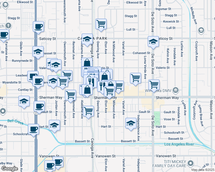 map of restaurants, bars, coffee shops, grocery stores, and more near 7246 Eton Avenue in Los Angeles