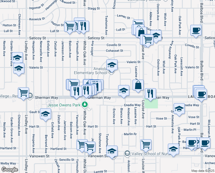 map of restaurants, bars, coffee shops, grocery stores, and more near 7237 Anatola Avenue in Los Angeles