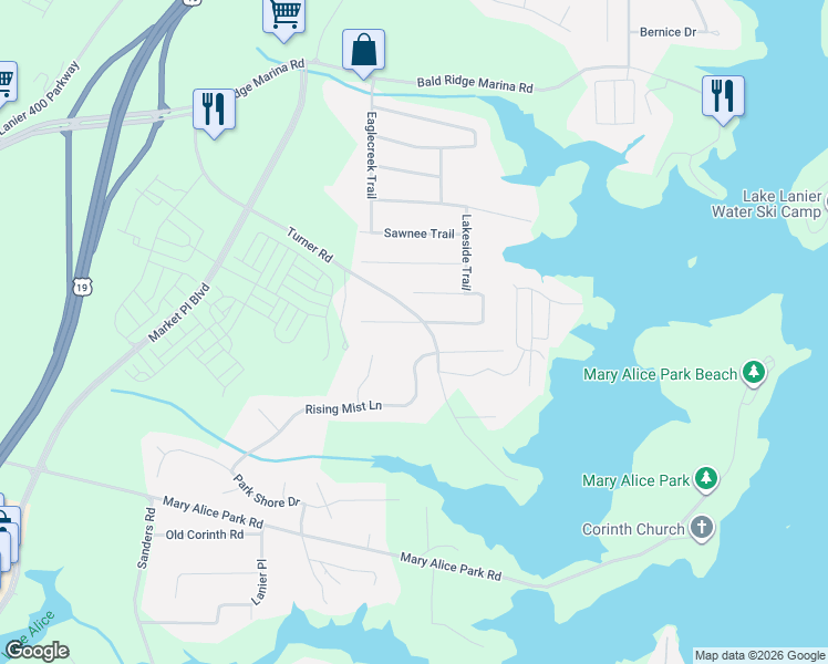 map of restaurants, bars, coffee shops, grocery stores, and more near 2810 Lakeside Trail in Cumming