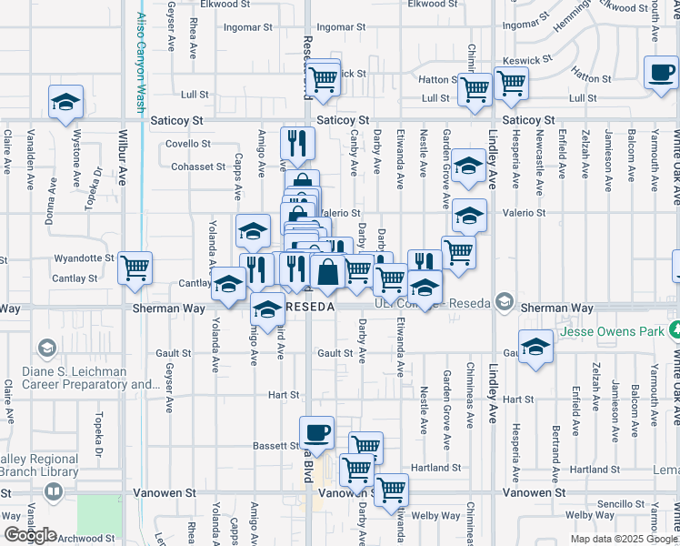 map of restaurants, bars, coffee shops, grocery stores, and more near 7238 Canby Avenue in Los Angeles