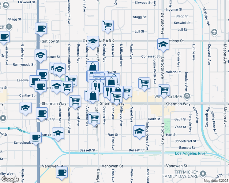 map of restaurants, bars, coffee shops, grocery stores, and more near 7311 Eton Avenue in Los Angeles