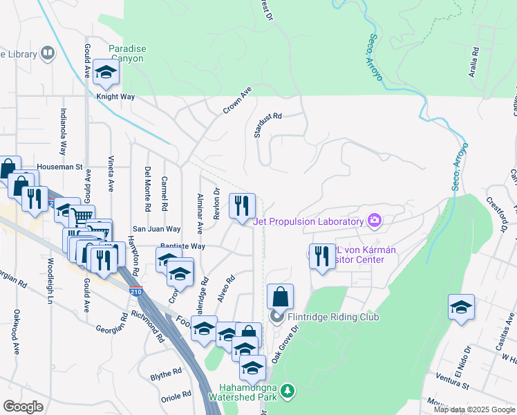 map of restaurants, bars, coffee shops, grocery stores, and more near 4926 Viro Road in La Cañada Flintridge
