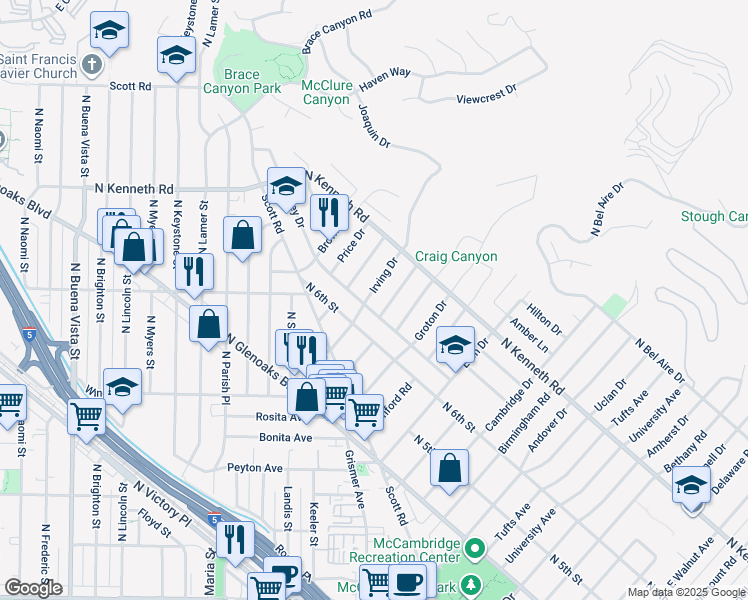 map of restaurants, bars, coffee shops, grocery stores, and more near 626 Irving Drive in Burbank