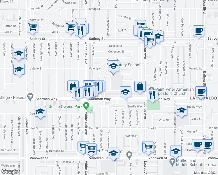 map of restaurants, bars, coffee shops, grocery stores, and more near 7237 Anatola Avenue in Los Angeles