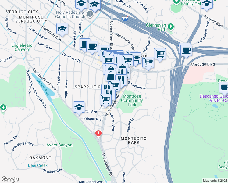 map of restaurants, bars, coffee shops, grocery stores, and more near 3509 North Verdugo Road in Glendale