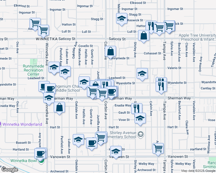 map of restaurants, bars, coffee shops, grocery stores, and more near 7240 Corbin Avenue in Los Angeles