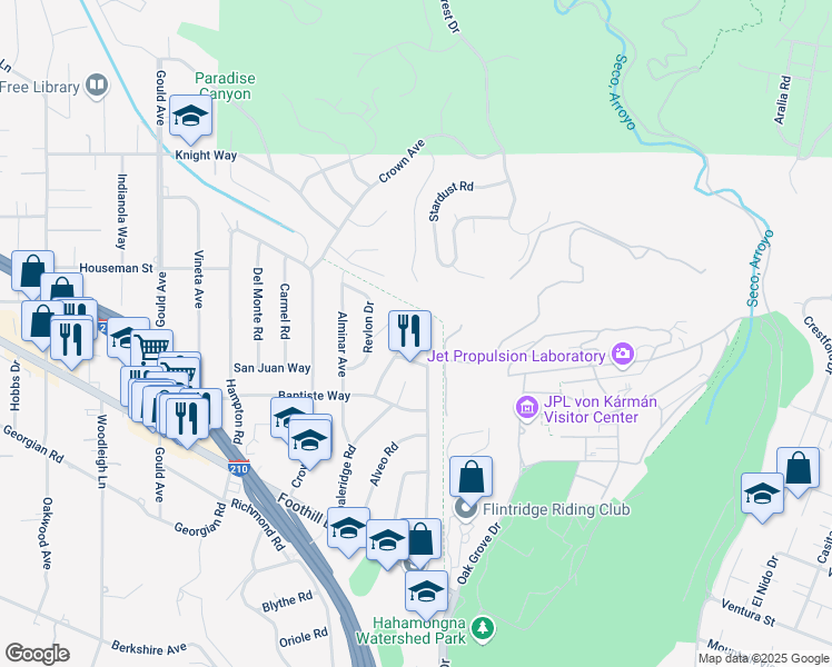 map of restaurants, bars, coffee shops, grocery stores, and more near 4922 Burgoyne Lane in La Cañada Flintridge