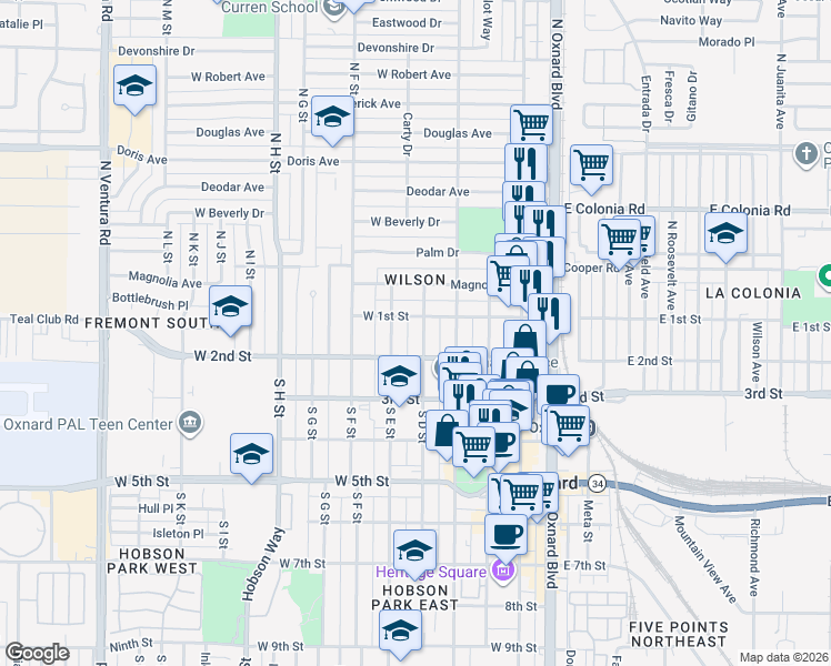 map of restaurants, bars, coffee shops, grocery stores, and more near 127 South D Street in Oxnard
