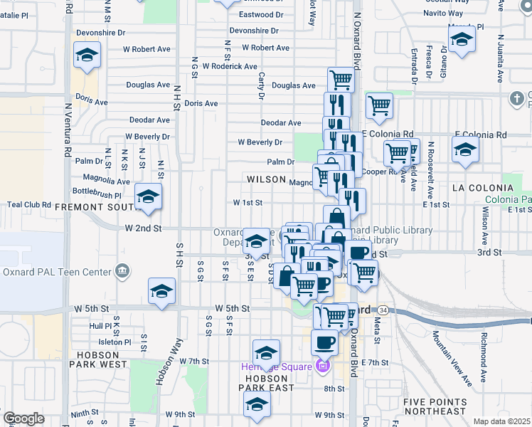 map of restaurants, bars, coffee shops, grocery stores, and more near 123 South D Street in Oxnard