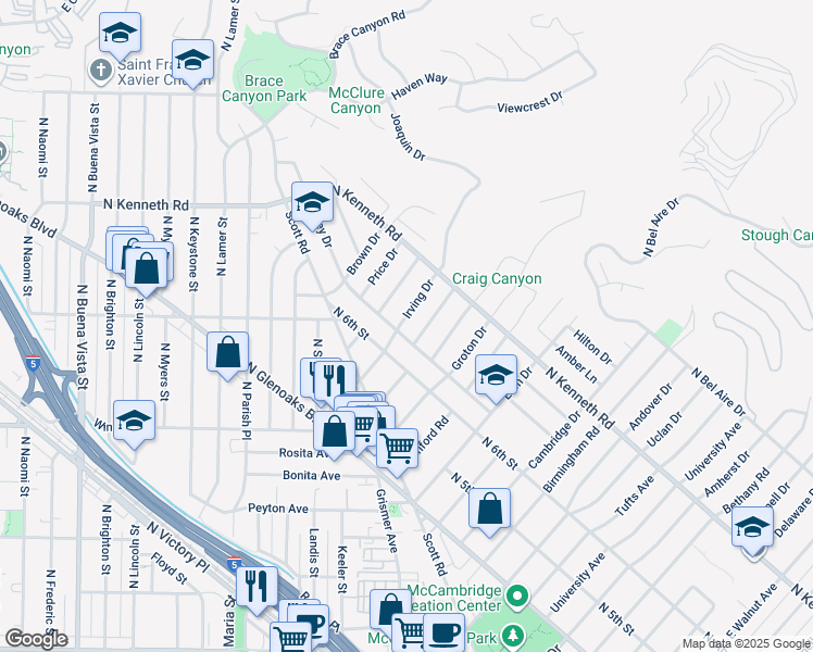 map of restaurants, bars, coffee shops, grocery stores, and more near 626 Irving Drive in Burbank
