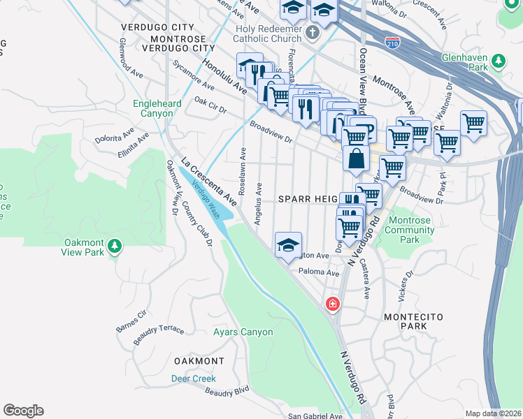 map of restaurants, bars, coffee shops, grocery stores, and more near 3505 Angelus Avenue in Glendale