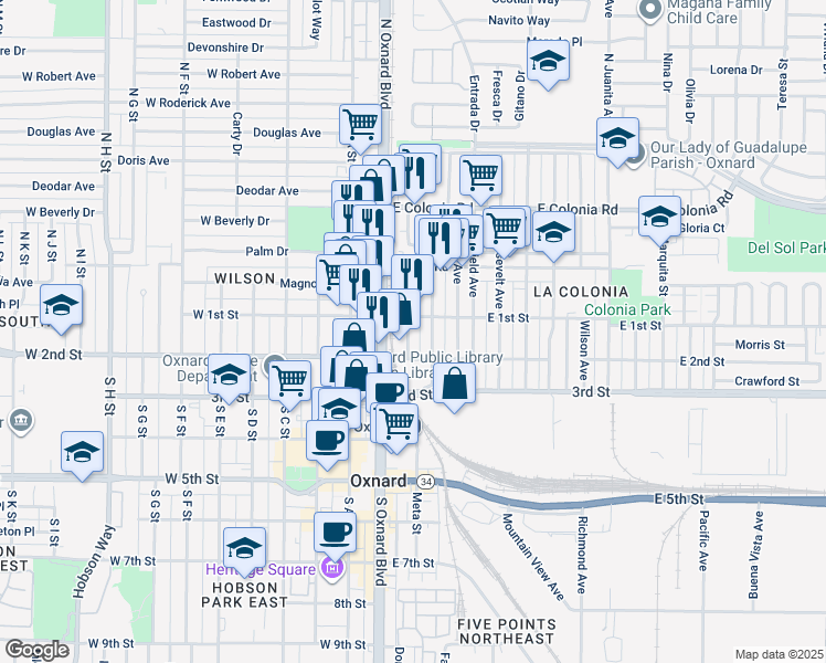 map of restaurants, bars, coffee shops, grocery stores, and more near 120 South Harrison Avenue in Oxnard