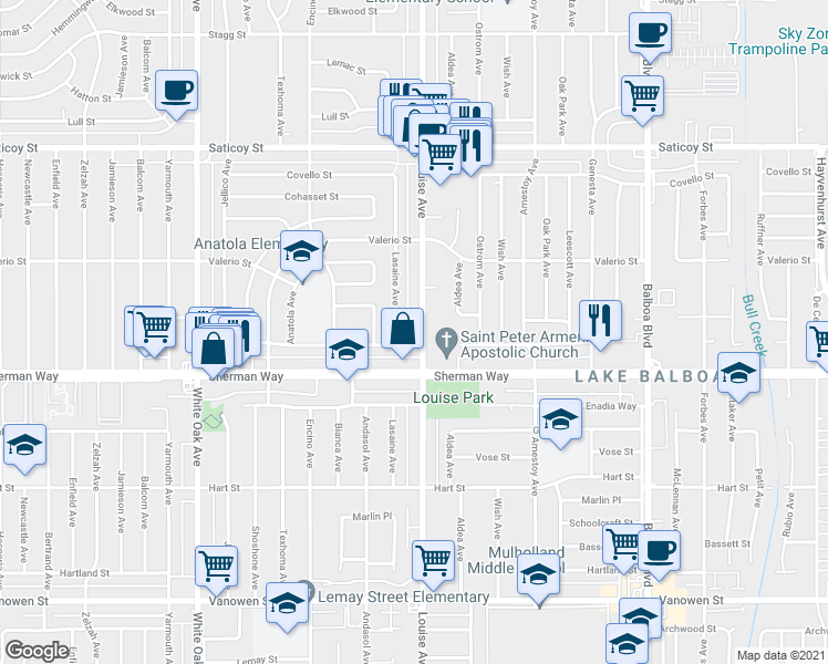 map of restaurants, bars, coffee shops, grocery stores, and more near 7254 Lasaine Avenue in Los Angeles